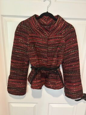 Ellen Tracy Red & Black Tweed Belted Jacket